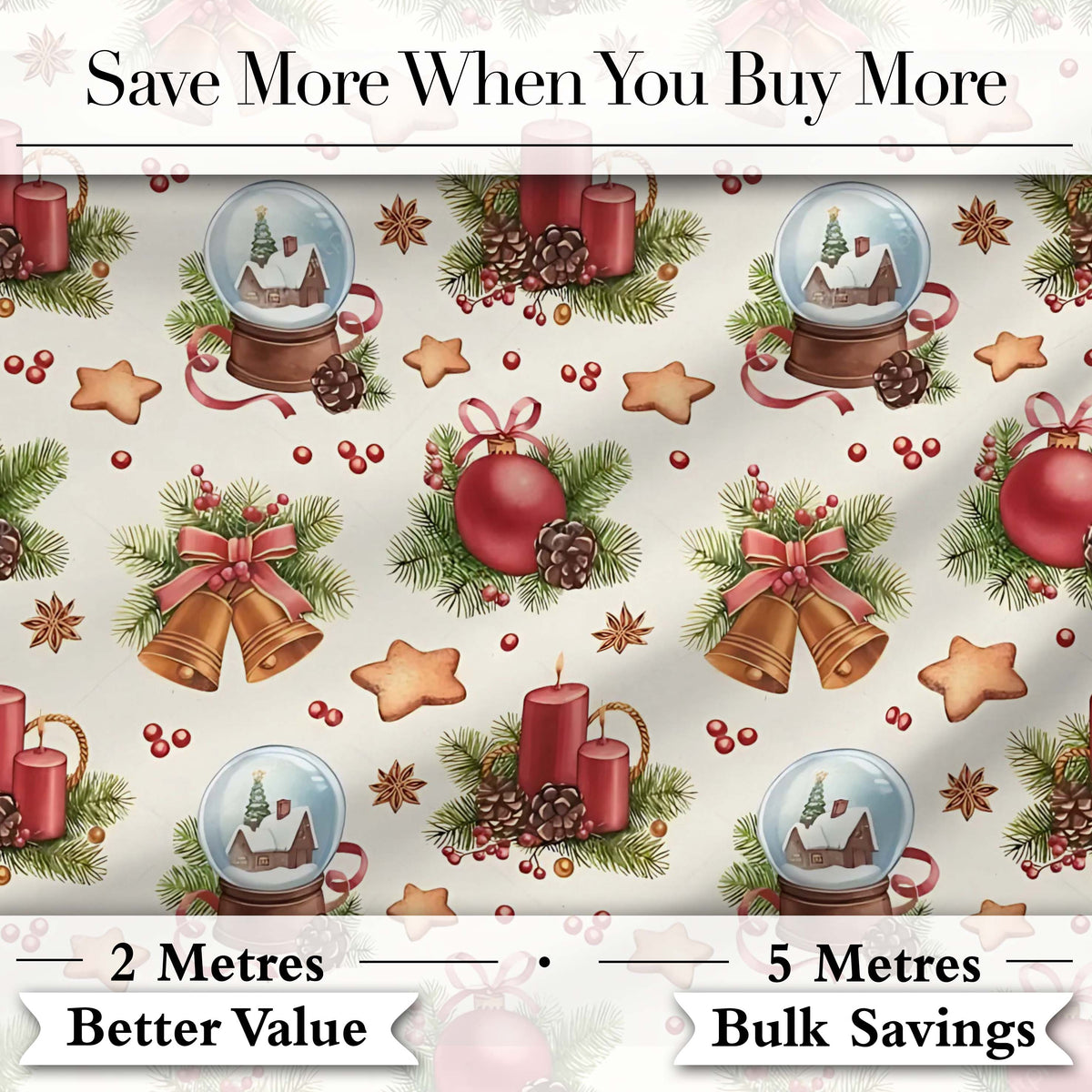 Christmas Bells Candles Snow Globe Gingerbread Seamless Pattern Digital Print Fabric by the Metre UK Sewing Quilting Textile