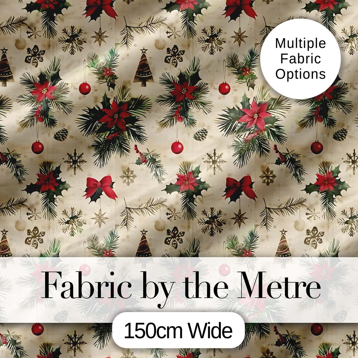 Vintage Poinsettia Pine Branch Snowflake Festive Seamless Pattern Digital Print Fabric by the Metre UK Sewing Quilting Textile
