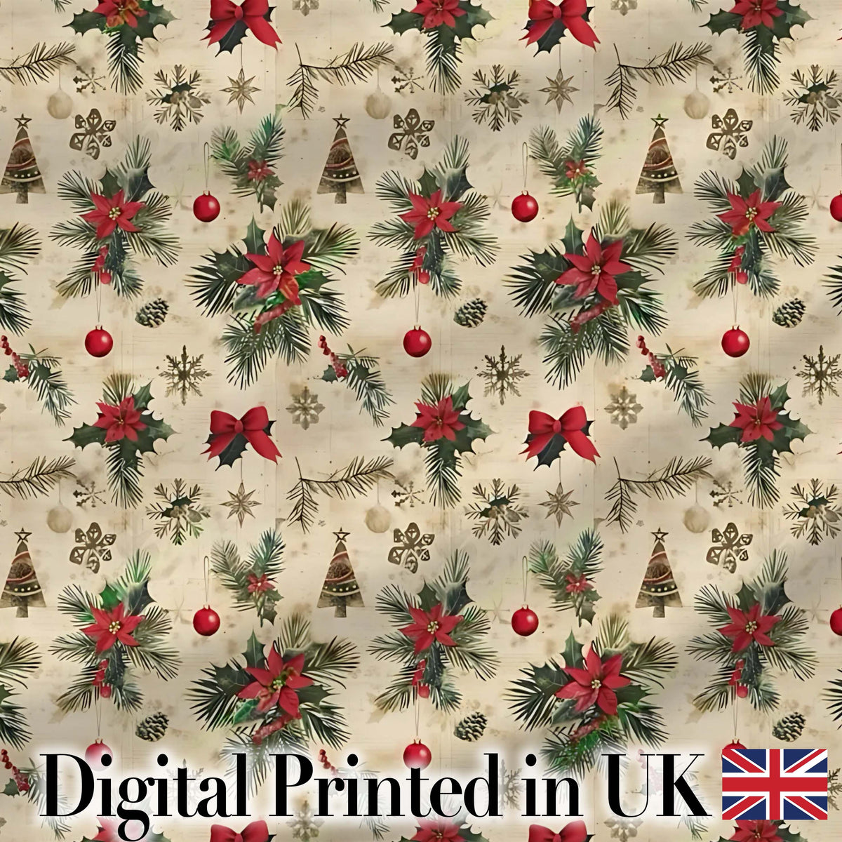 Vintage Poinsettia Pine Branch Snowflake Festive Seamless Pattern Digital Print Fabric by the Metre UK Sewing Quilting Textile