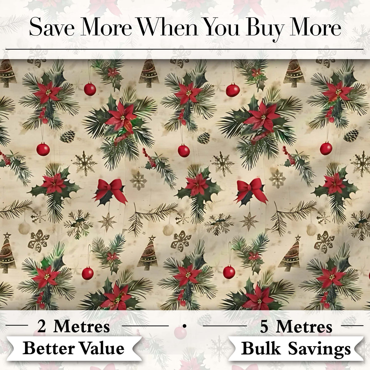 Vintage Poinsettia Pine Branch Snowflake Festive Seamless Pattern Digital Print Fabric by the Metre UK Sewing Quilting Textile