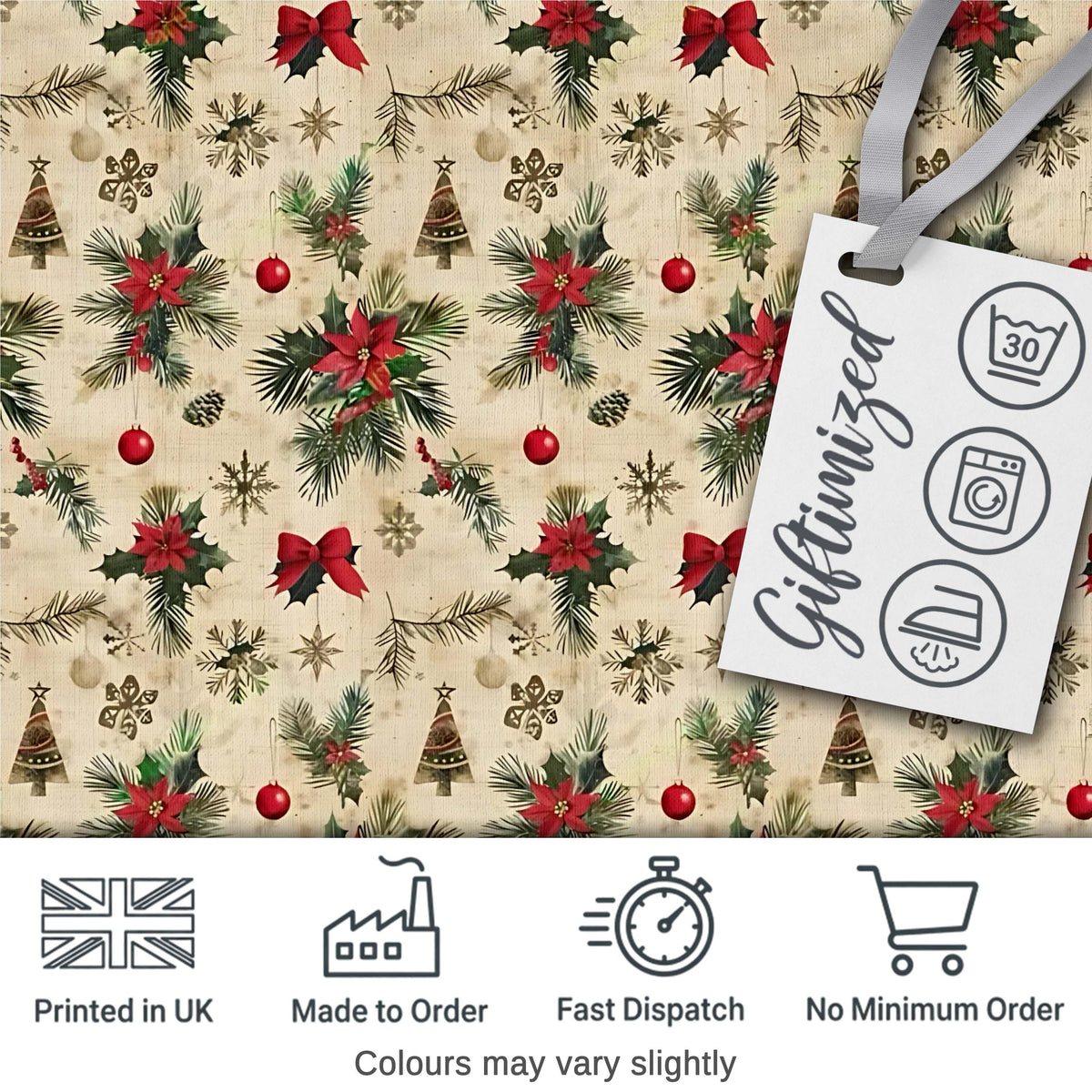Vintage Poinsettia Pine Branch Snowflake Festive Seamless Pattern Digital Print Fabric by the Metre UK Sewing Quilting Textile