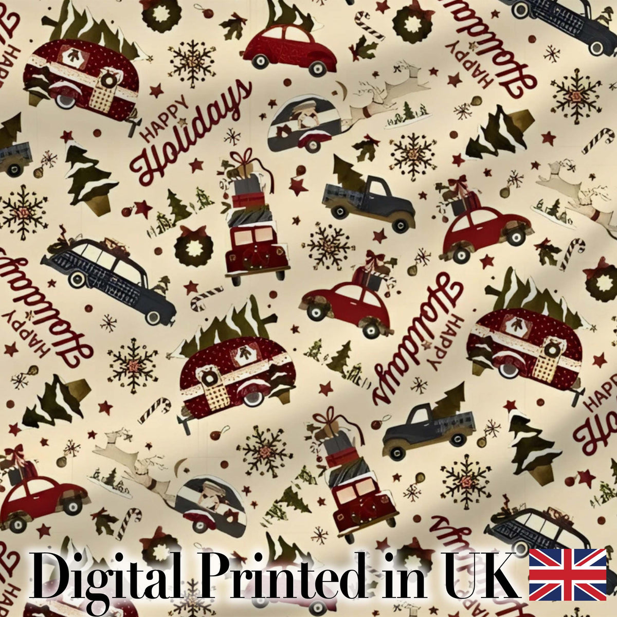 Festive Holiday Cars Gifts Snowflakes Happy Holidays Seamless Pattern Digital Print Fabric by the Metre UK Sewing Quilting Textile