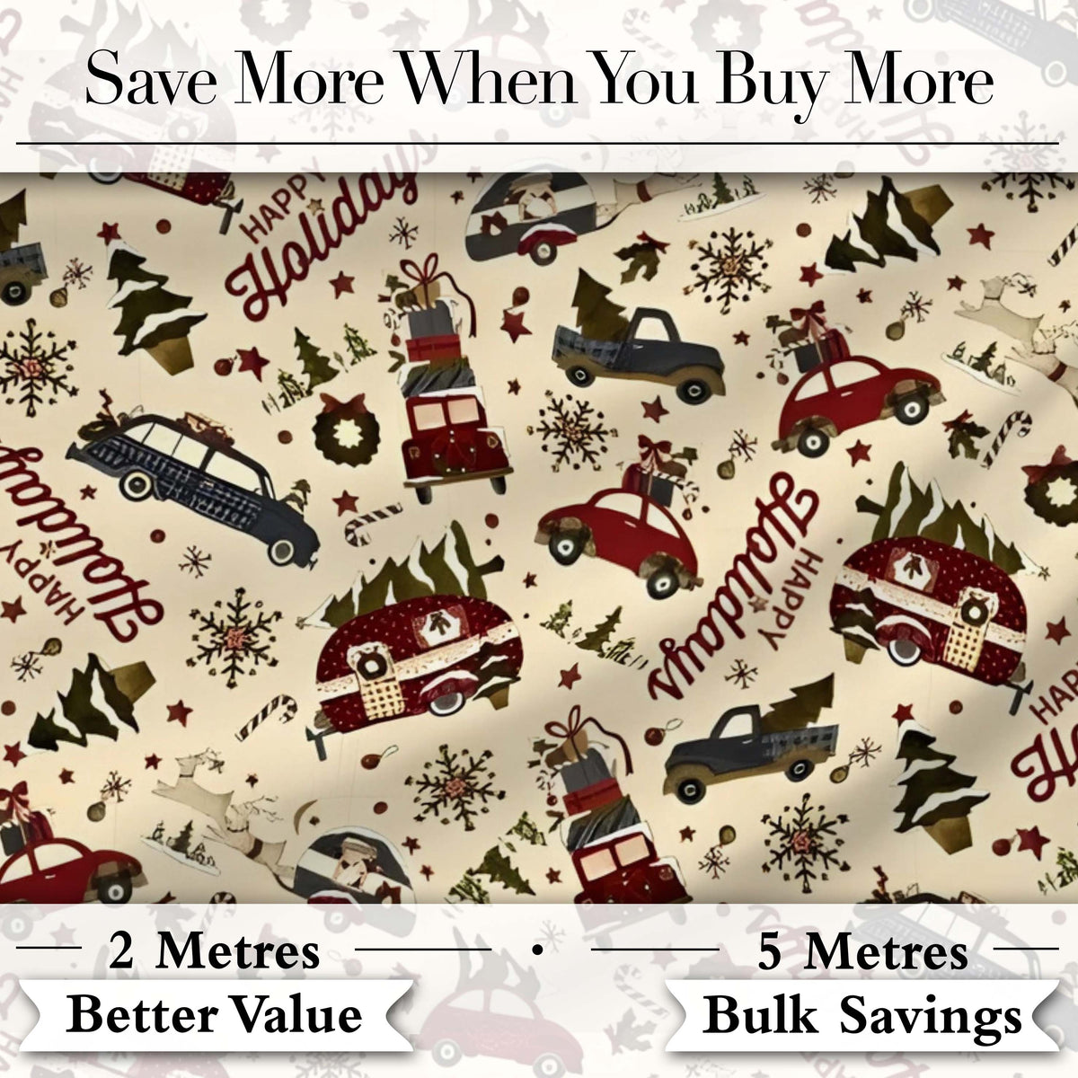 Festive Holiday Cars Gifts Snowflakes Happy Holidays Seamless Pattern Digital Print Fabric by the Metre UK Sewing Quilting Textile