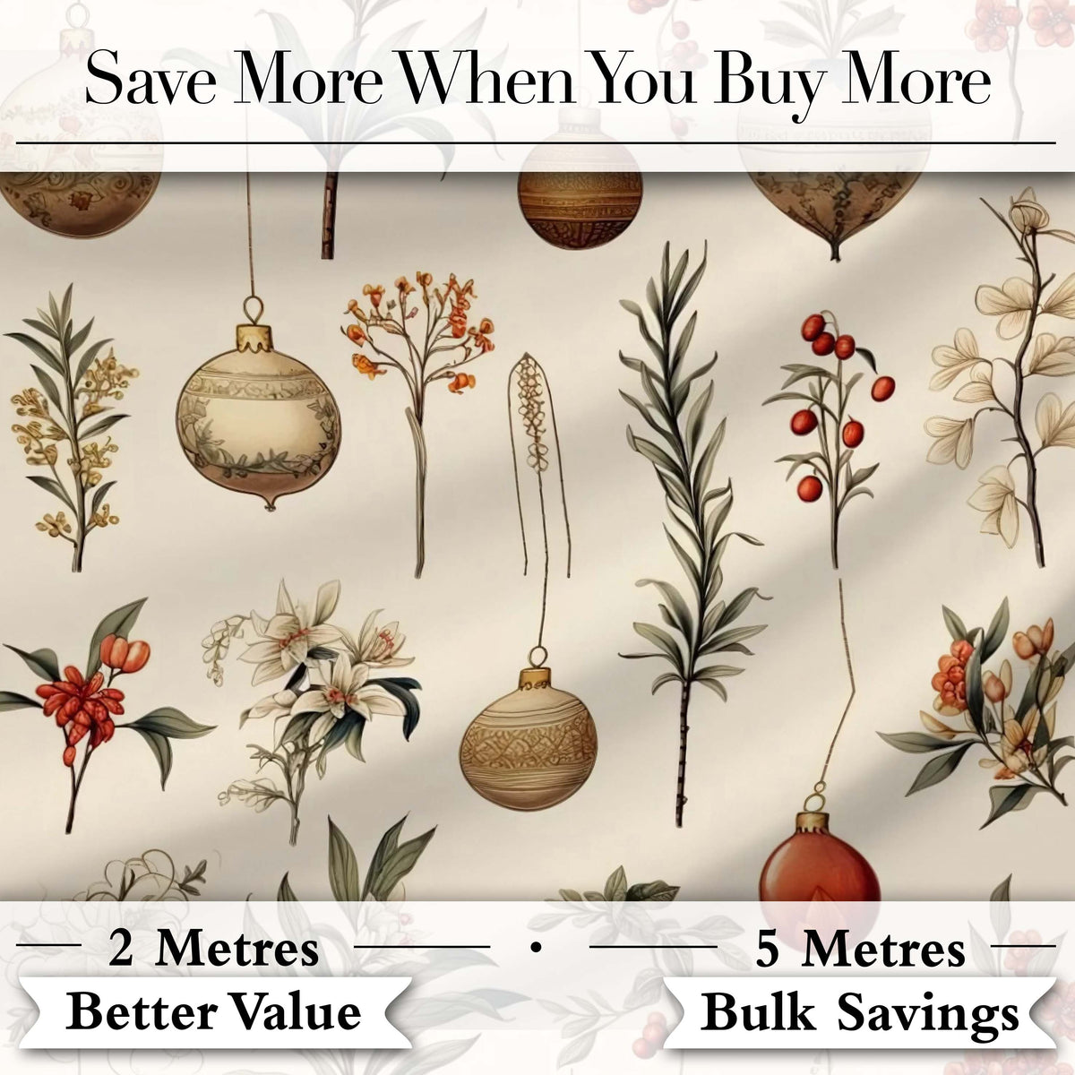 Elegant Botanical Christmas Baubles Floral Leaves Seamless Pattern Digital Print Fabric by the Metre UK Sewing Quilting Textile