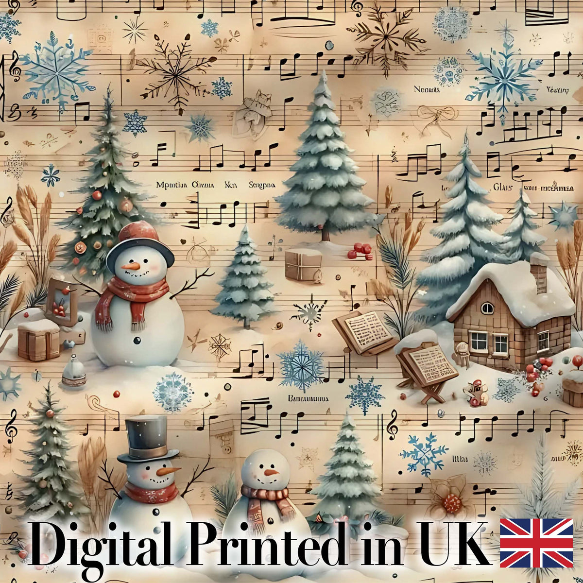 Winter Snowman Christmas Trees Music Notes Seamless Pattern Digital Print Fabric by the Metre UK Sewing Quilting Textile