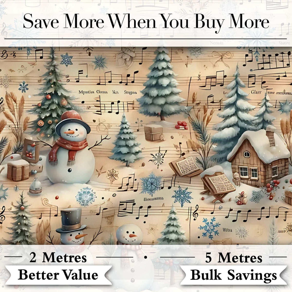 Winter Snowman Christmas Trees Music Notes Seamless Pattern Digital Print Fabric by the Metre UK Sewing Quilting Textile