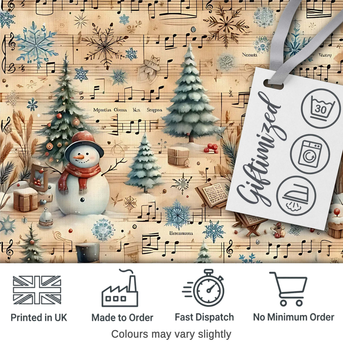 Winter Snowman Christmas Trees Music Notes Seamless Pattern Digital Print Fabric by the Metre UK Sewing Quilting Textile