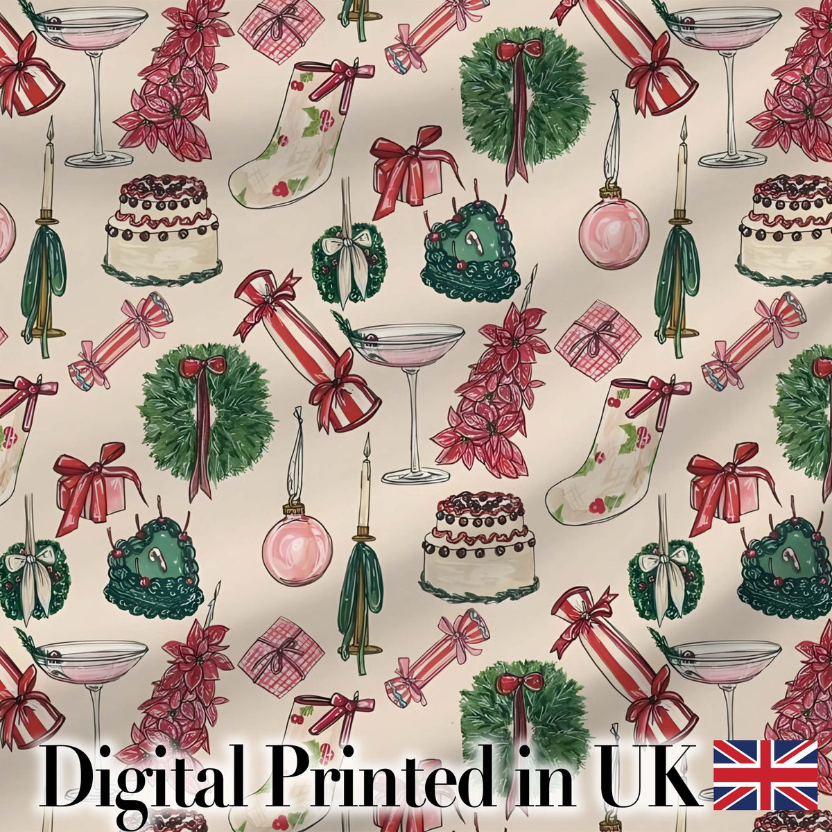 Festive Holiday Cakes Wreaths Candles Gifts Seamless Pattern Digital Print Fabric by the Metre UK Sewing Quilting Textile