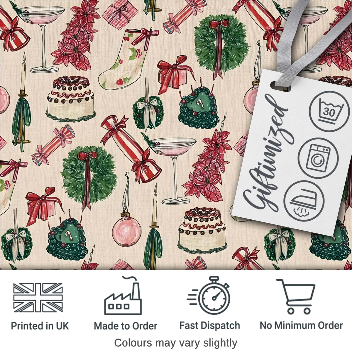 Festive Holiday Cakes Wreaths Candles Gifts Seamless Pattern Digital Print Fabric by the Metre UK Sewing Quilting Textile