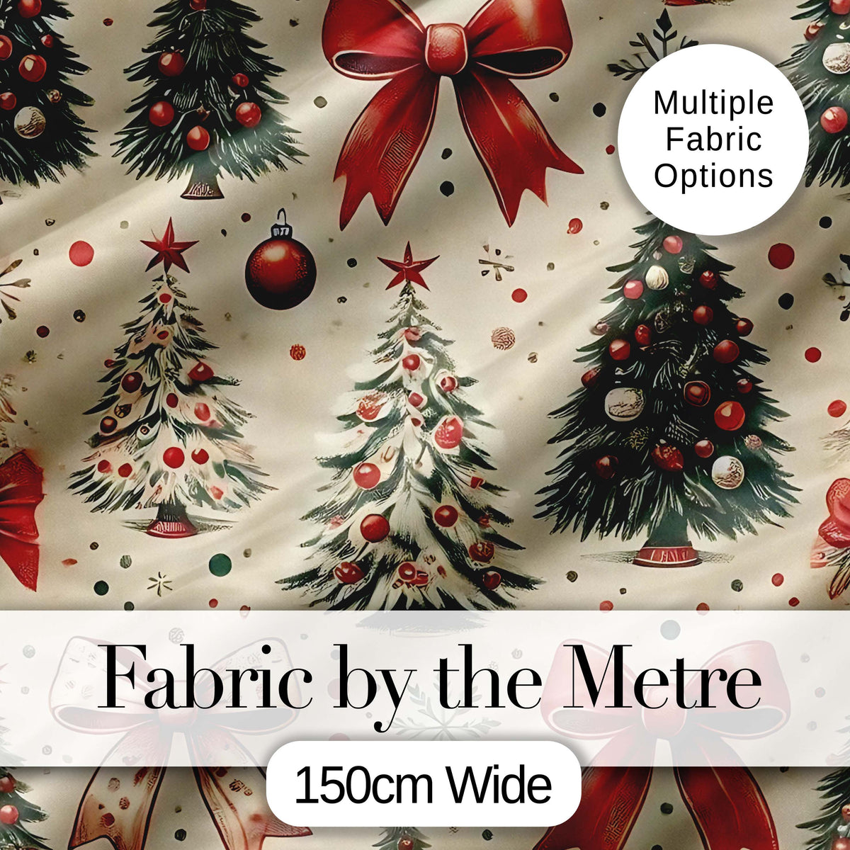 Vintage Christmas Trees Red Bows Ornaments Seamless Pattern Digital Print Fabric by the Metre UK Sewing Quilting Textile