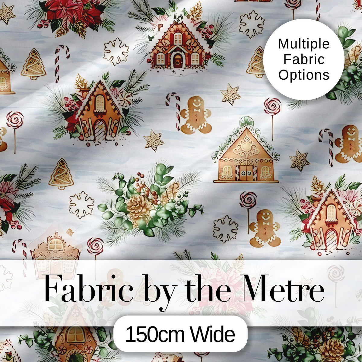 Gingerbread Houses Candy Canes Winter Treats Seamless Pattern Digital Print Fabric by the Metre UK Sewing Quilting Textile