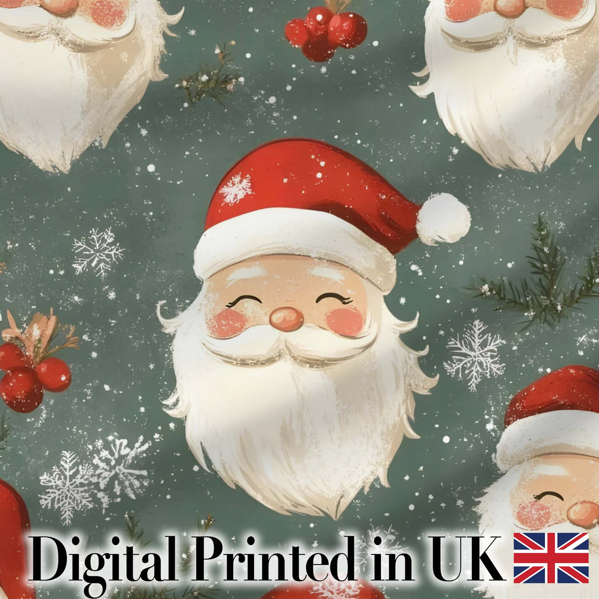 Cute Santa Claus Face Snowflakes Festive Seamless Pattern Digital Print Fabric by the Metre UK Sewing Quilting Textile
