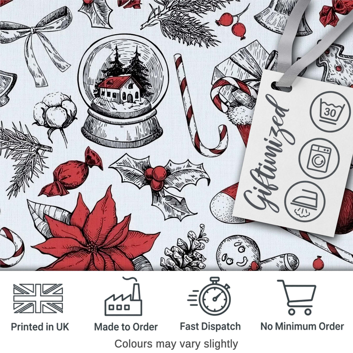 Vintage Christmas Sketch Stocking Candy Cane Seamless Pattern Digital Print Fabric by the Metre UK Sewing Quilting Textile