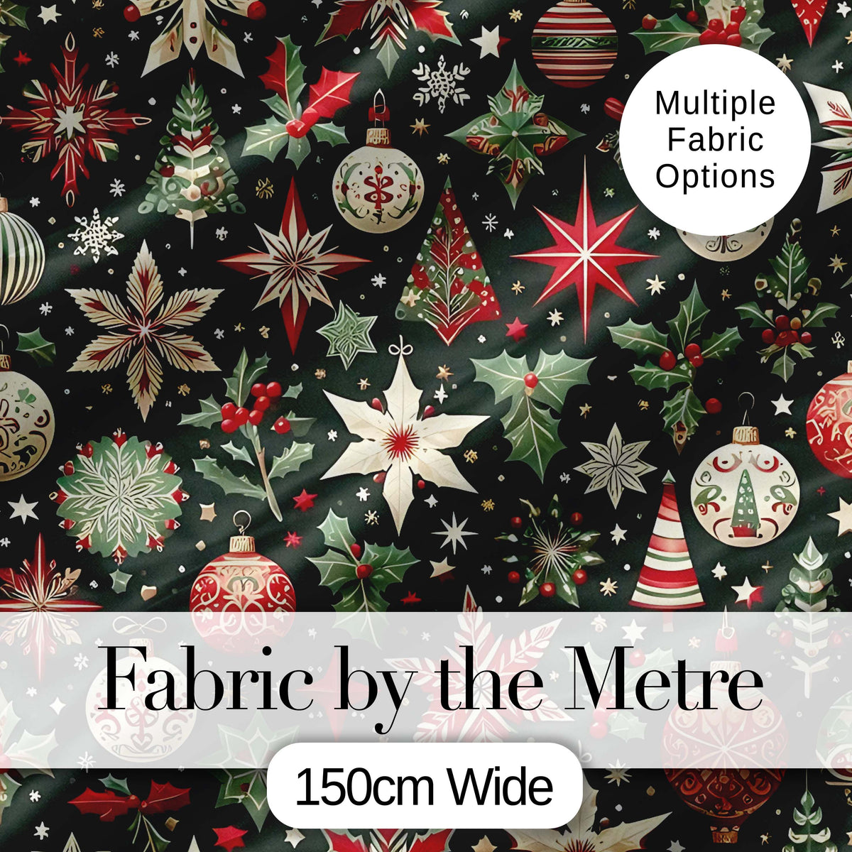 Festive Christmas Stars Holly Leaves Baubles Seamless Pattern Digital Print Fabric by the Metre UK Sewing Quilting Textile