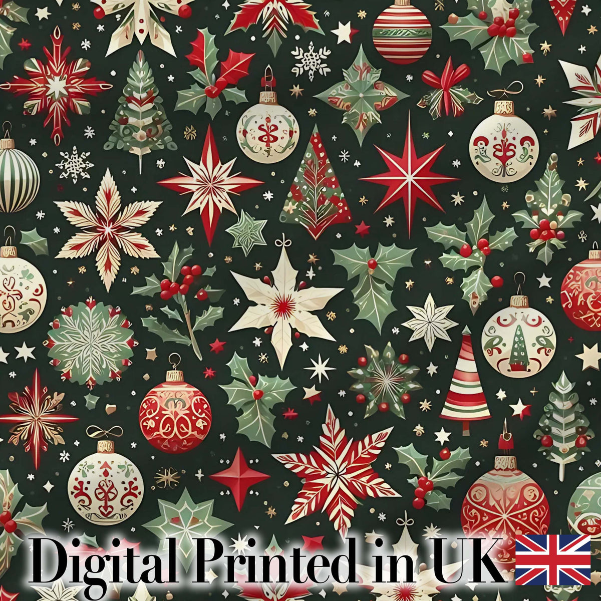 Festive Christmas Stars Holly Leaves Baubles Seamless Pattern Digital Print Fabric by the Metre UK Sewing Quilting Textile