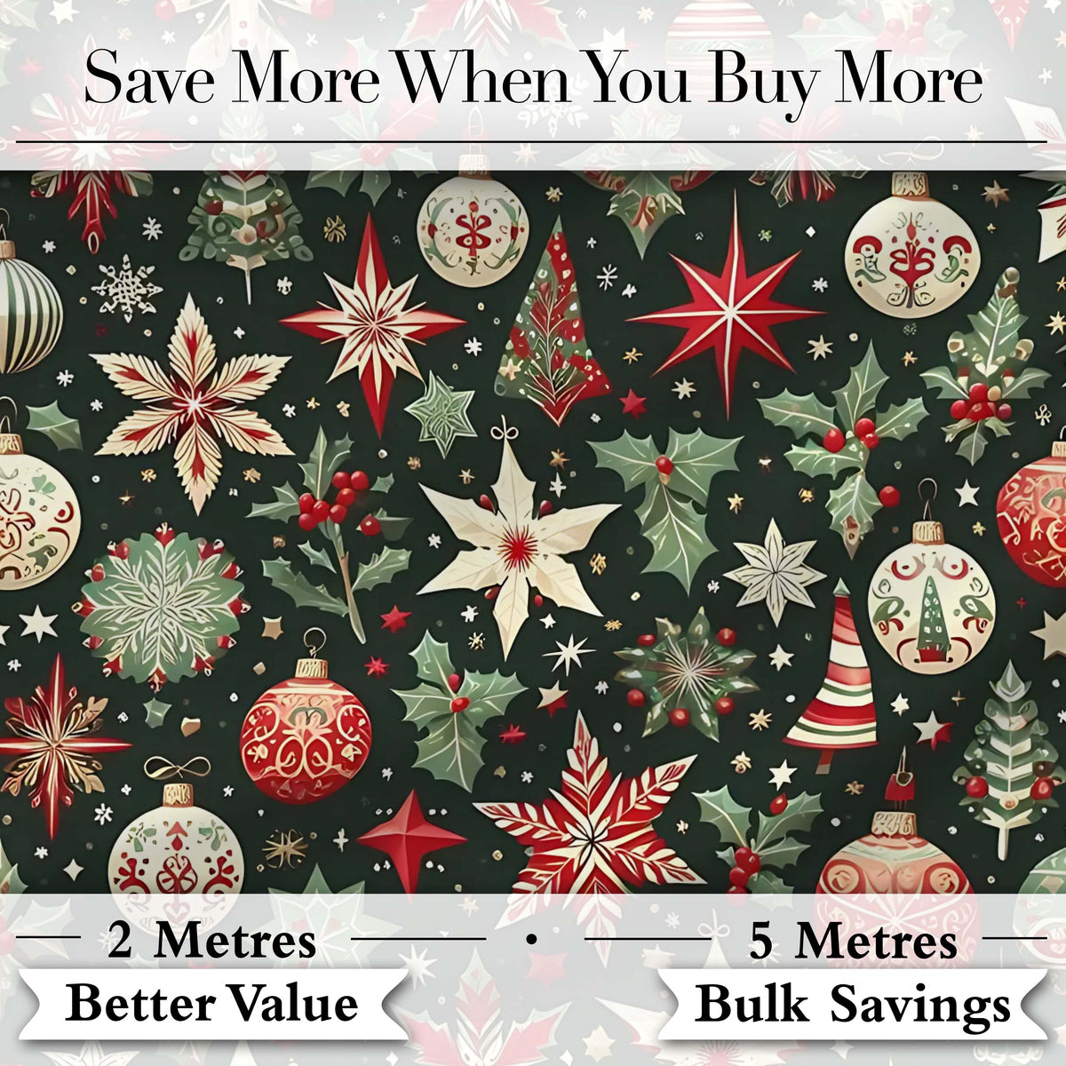 Festive Christmas Stars Holly Leaves Baubles Seamless Pattern Digital Print Fabric by the Metre UK Sewing Quilting Textile