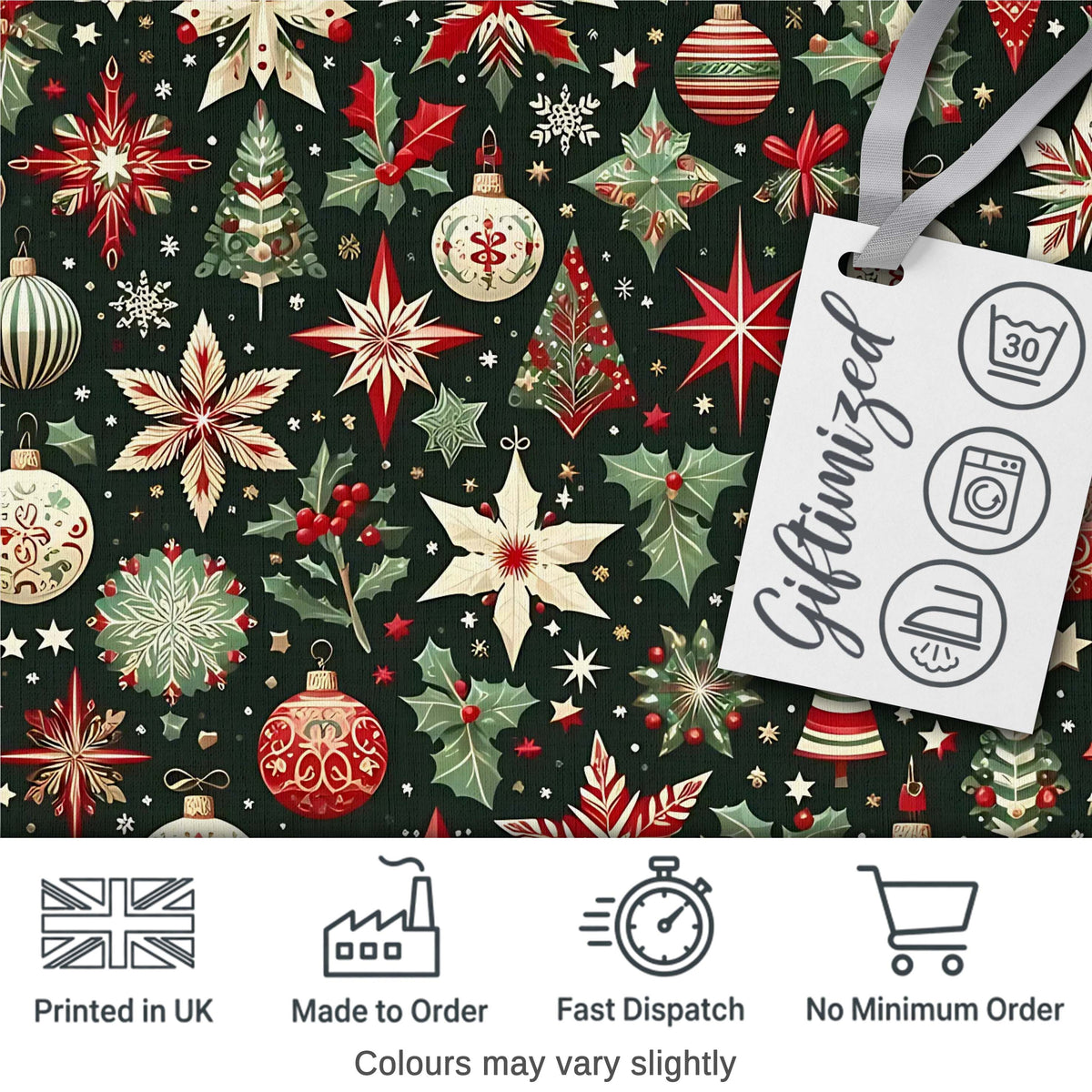 Festive Christmas Stars Holly Leaves Baubles Seamless Pattern Digital Print Fabric by the Metre UK Sewing Quilting Textile