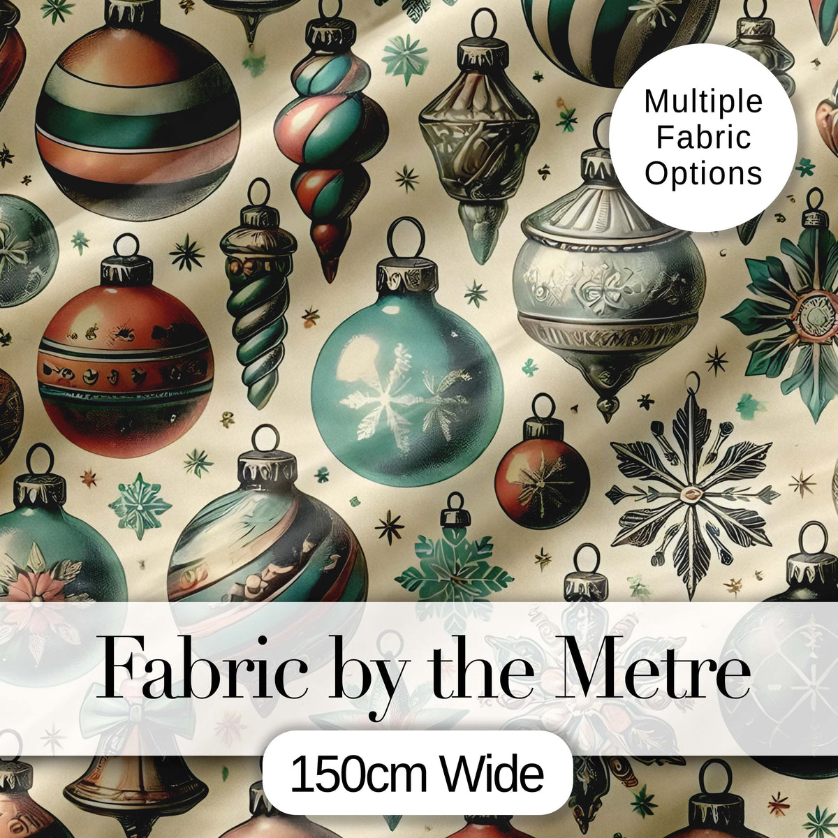 Vintage Glass Christmas Baubles Teal Gold Seamless Pattern Digital Print Fabric by the Metre UK Sewing Quilting Textile