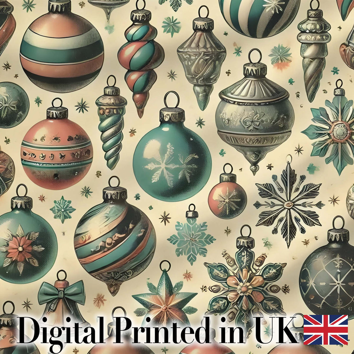Vintage Glass Christmas Baubles Teal Gold Seamless Pattern Digital Print Fabric by the Metre UK Sewing Quilting Textile