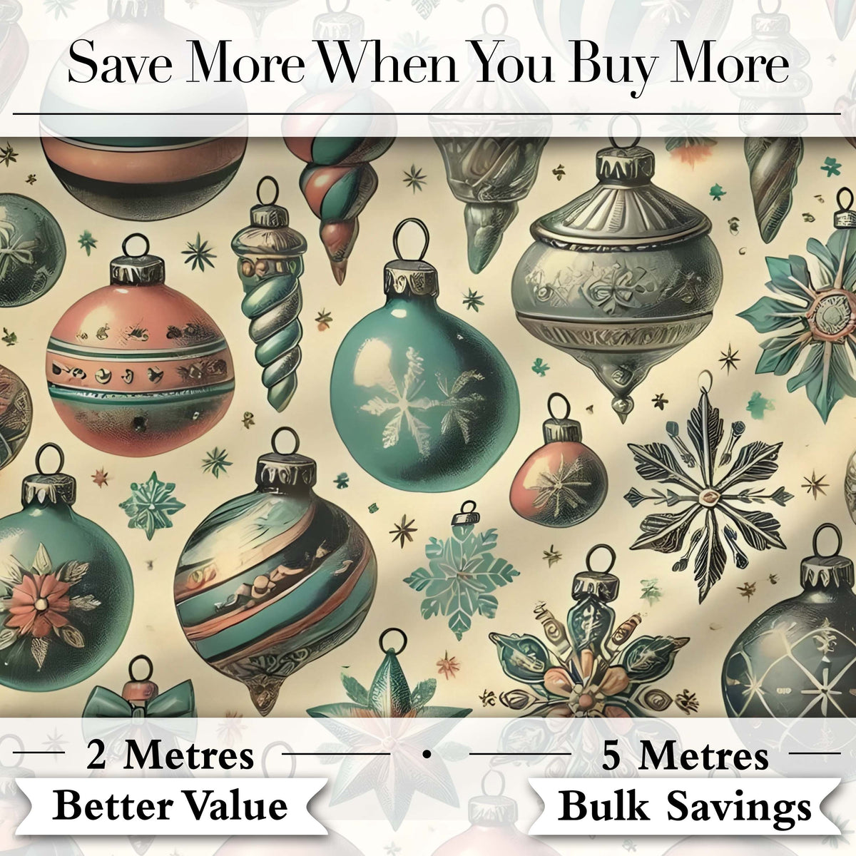 Vintage Glass Christmas Baubles Teal Gold Seamless Pattern Digital Print Fabric by the Metre UK Sewing Quilting Textile