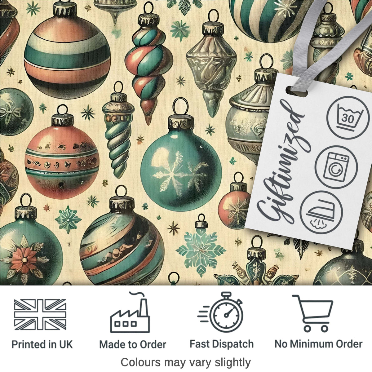 Vintage Glass Christmas Baubles Teal Gold Seamless Pattern Digital Print Fabric by the Metre UK Sewing Quilting Textile