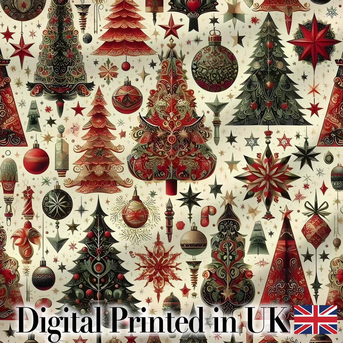 Ornate Christmas Trees Baubles Stars Vintage Seamless Pattern Digital Print Fabric by the Metre UK Sewing Quilting Textile