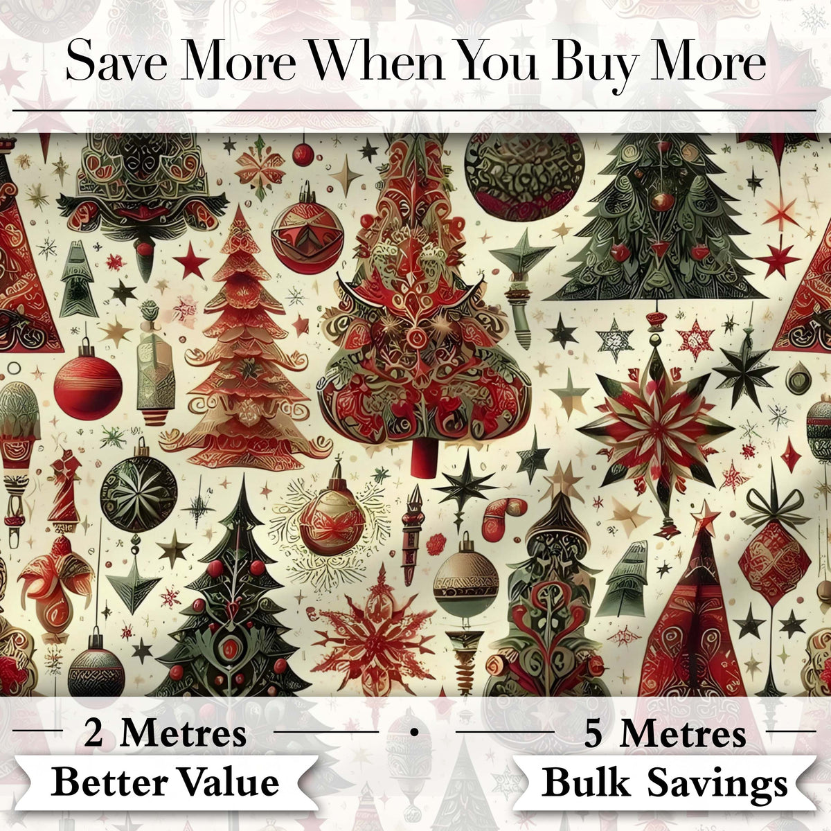 Ornate Christmas Trees Baubles Stars Vintage Seamless Pattern Digital Print Fabric by the Metre UK Sewing Quilting Textile