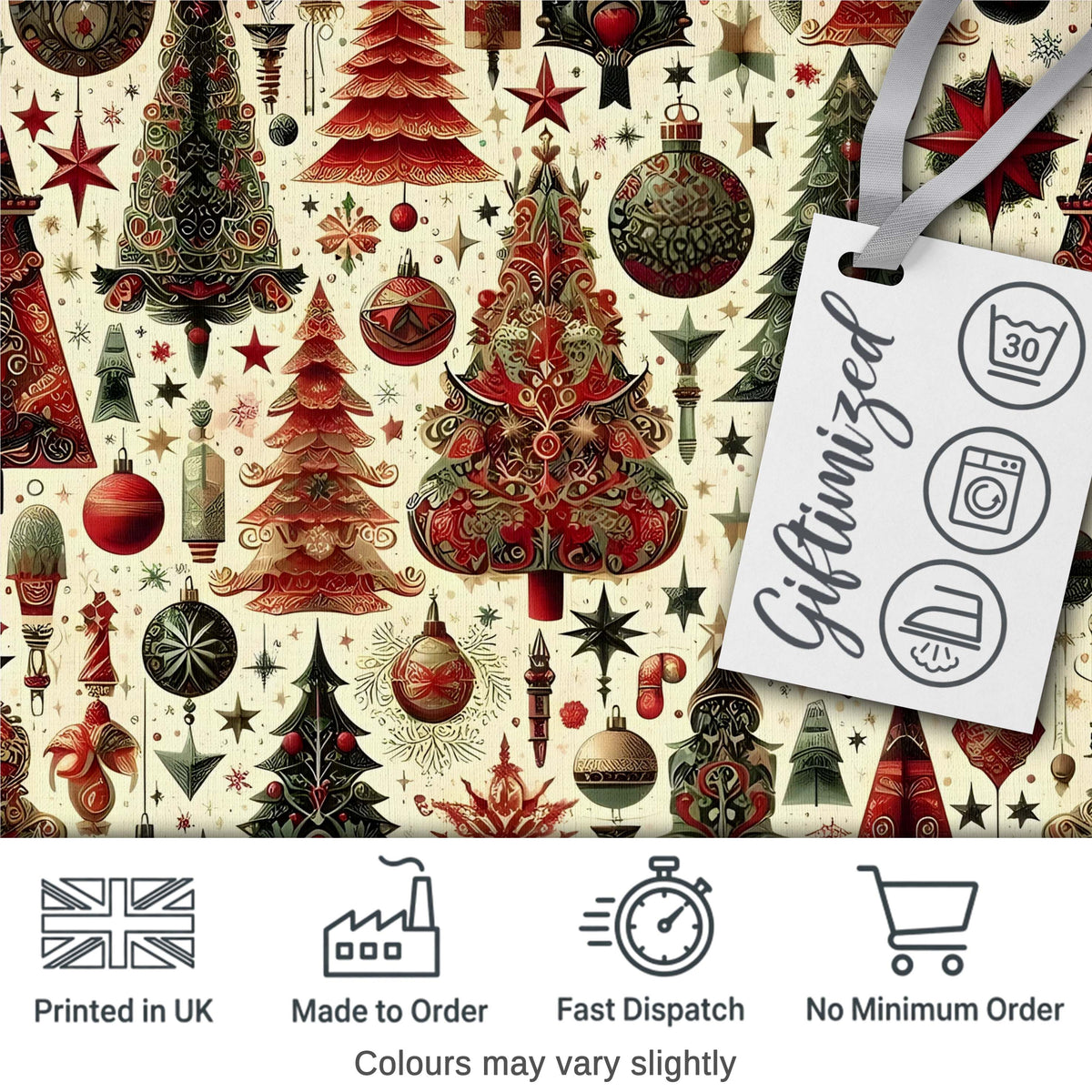 Ornate Christmas Trees Baubles Stars Vintage Seamless Pattern Digital Print Fabric by the Metre UK Sewing Quilting Textile
