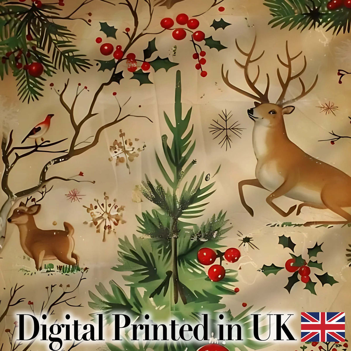 Winter Deer Forest Holly Berries Nature Seamless Pattern Digital Print Fabric by the Metre UK Sewing Quilting Textile