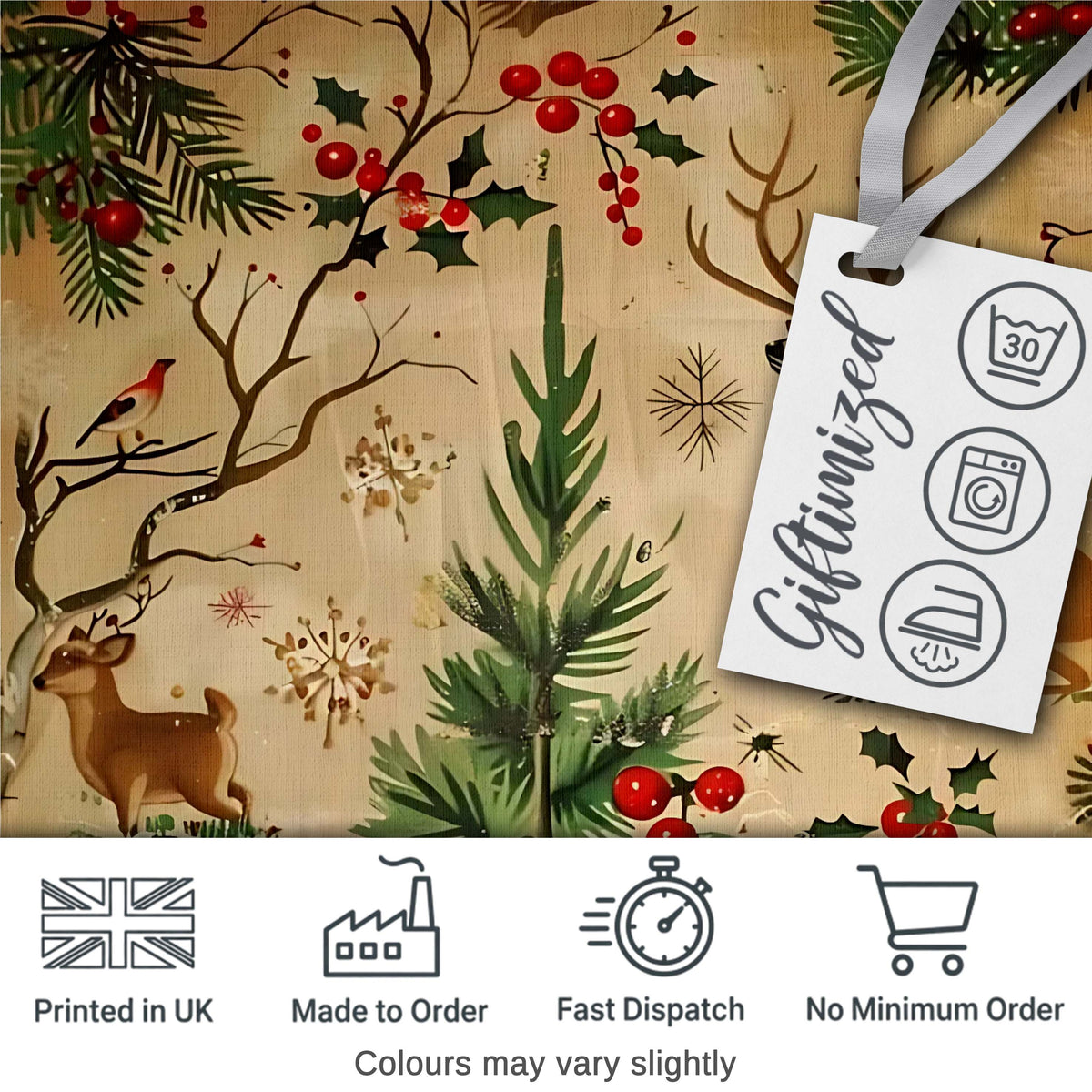 Winter Deer Forest Holly Berries Nature Seamless Pattern Digital Print Fabric by the Metre UK Sewing Quilting Textile
