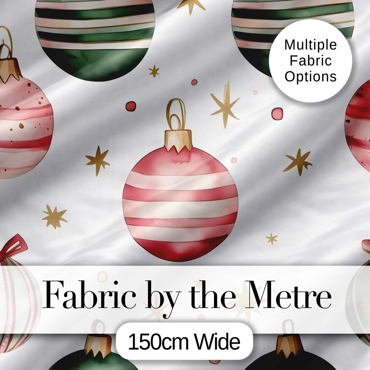 Minimal Red Green Baubles Stars Elegant Seamless Pattern Digital Print Fabric by the Metre UK Sewing Quilting Textile