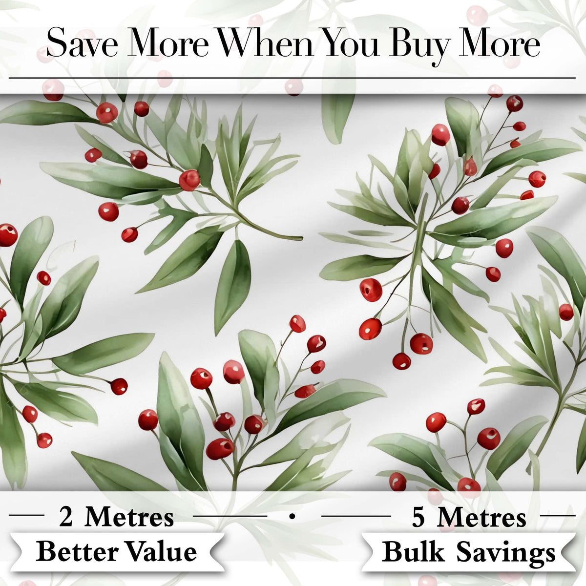 Green Leaves Red Berry Botanical Elegant Seamless Pattern Digital Print Fabric by the Metre UK Sewing Quilting Textile