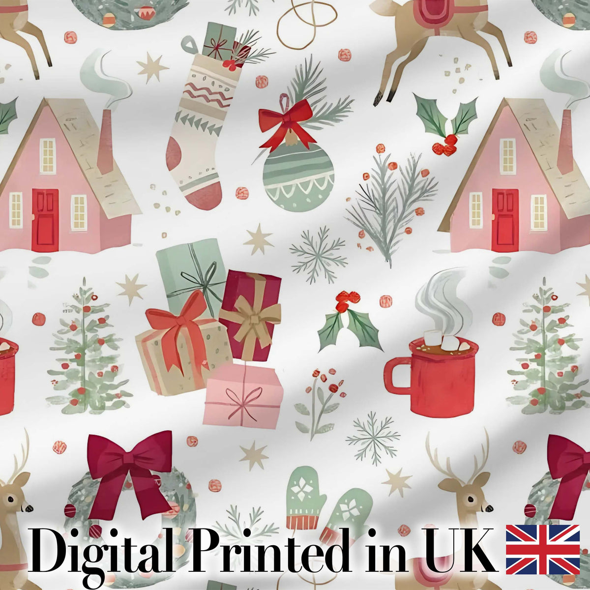 Cozy Christmas Gifts Mug Stocking Holiday Seamless Pattern Digital Print Fabric by the Metre UK Sewing Quilting Textile