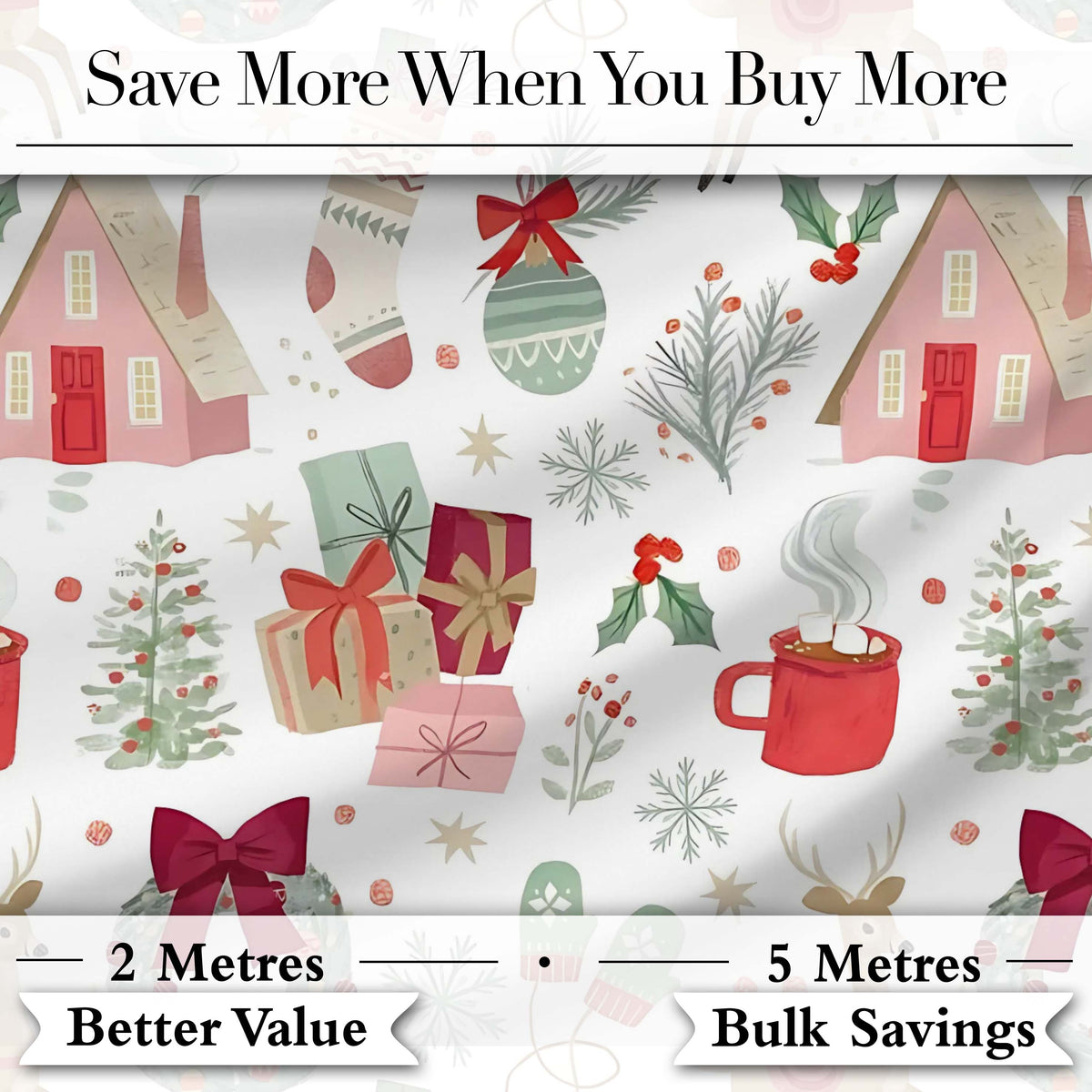 Cozy Christmas Gifts Mug Stocking Holiday Seamless Pattern Digital Print Fabric by the Metre UK Sewing Quilting Textile