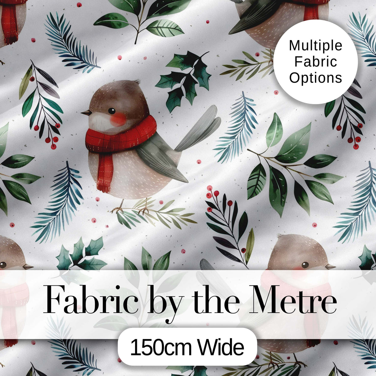 Cute Winter Birds with Scarf and Botanical Leaves Seamless Pattern Digital Print Fabric by the Metre UK Sewing Quilting Textile