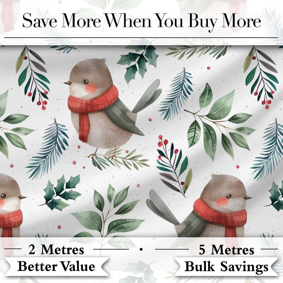 Cute Winter Birds with Scarf and Botanical Leaves Seamless Pattern Digital Print Fabric by the Metre UK Sewing Quilting Textile