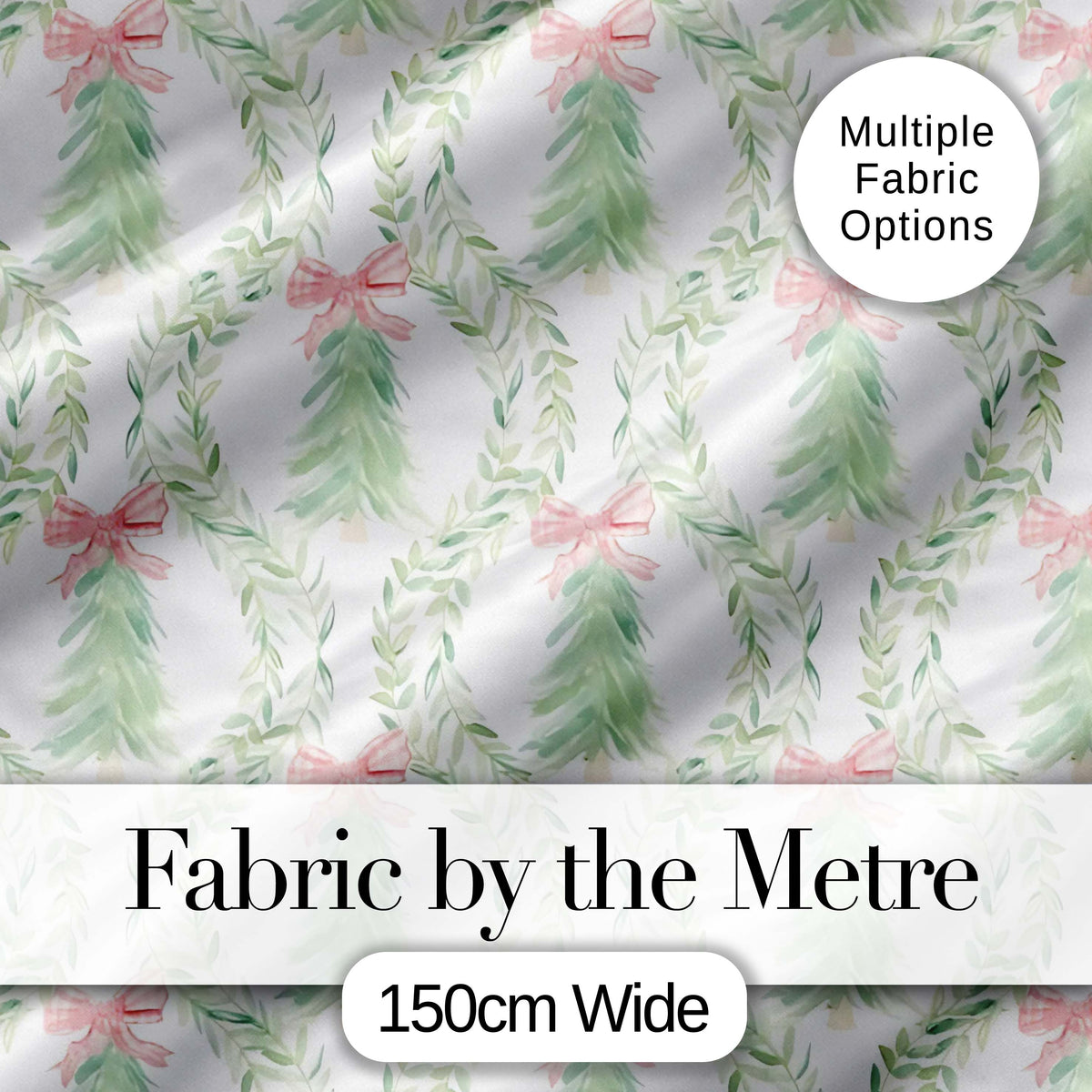 Pastel Green Wreath Ribbon Christmas Tree Seamless Pattern Digital Print Fabric by the Metre UK Sewing Quilting Textile