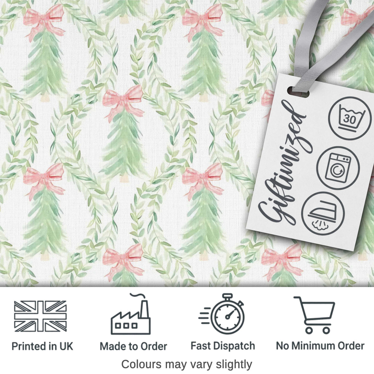 Pastel Green Wreath Ribbon Christmas Tree Seamless Pattern Digital Print Fabric by the Metre UK Sewing Quilting Textile