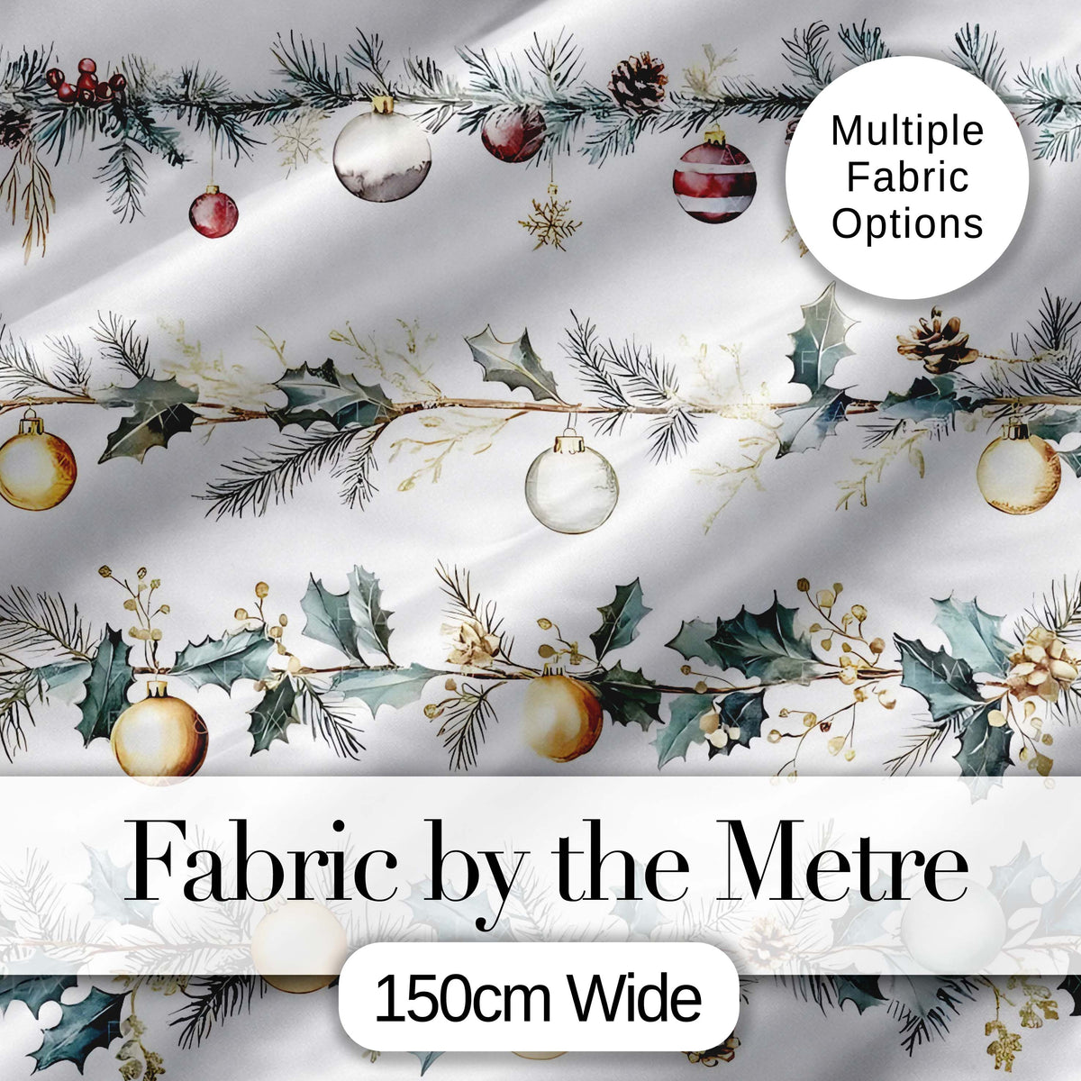Elegant Christmas Garland Baubles Pine Branch Seamless Pattern Digital Print Fabric by the Metre UK Sewing Quilting Textile