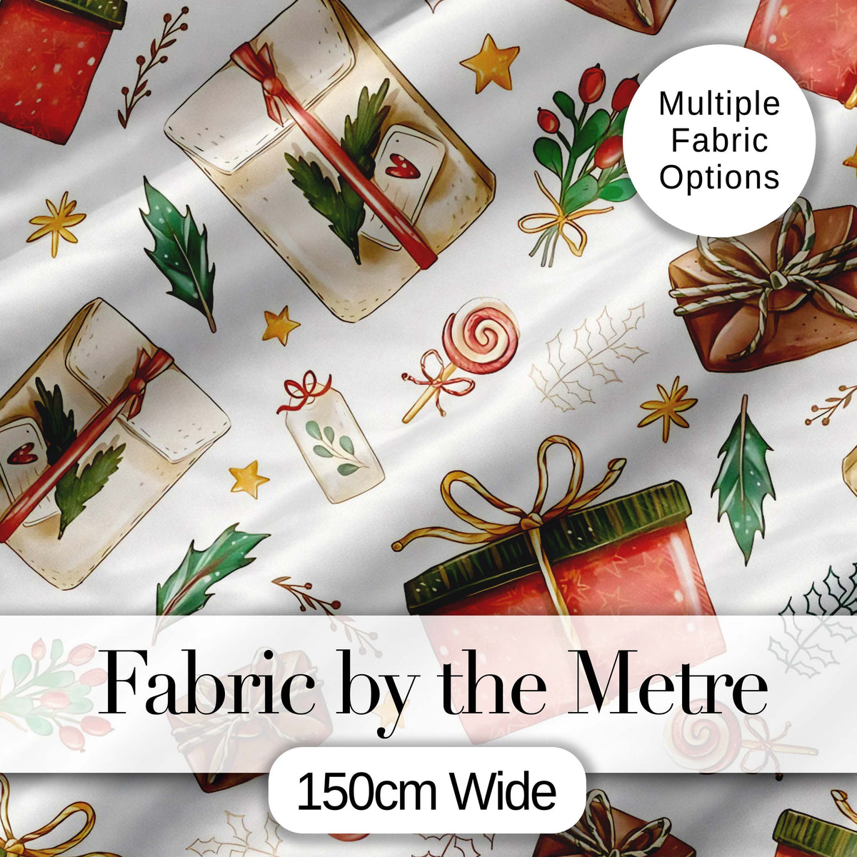 Festive Gift Boxes Candy Stars Christmas Holiday Seamless Pattern Digital Print Fabric by the Metre UK Sewing Quilting Textile