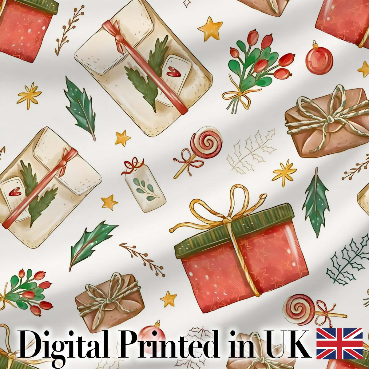 Festive Gift Boxes Candy Stars Christmas Holiday Seamless Pattern Digital Print Fabric by the Metre UK Sewing Quilting Textile