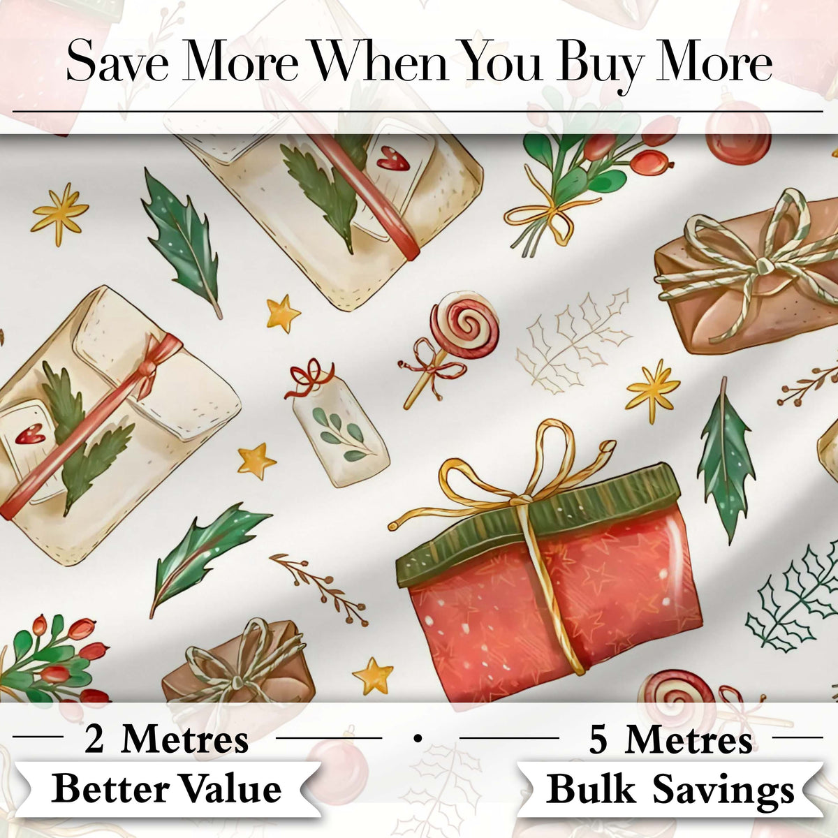Festive Gift Boxes Candy Stars Christmas Holiday Seamless Pattern Digital Print Fabric by the Metre UK Sewing Quilting Textile