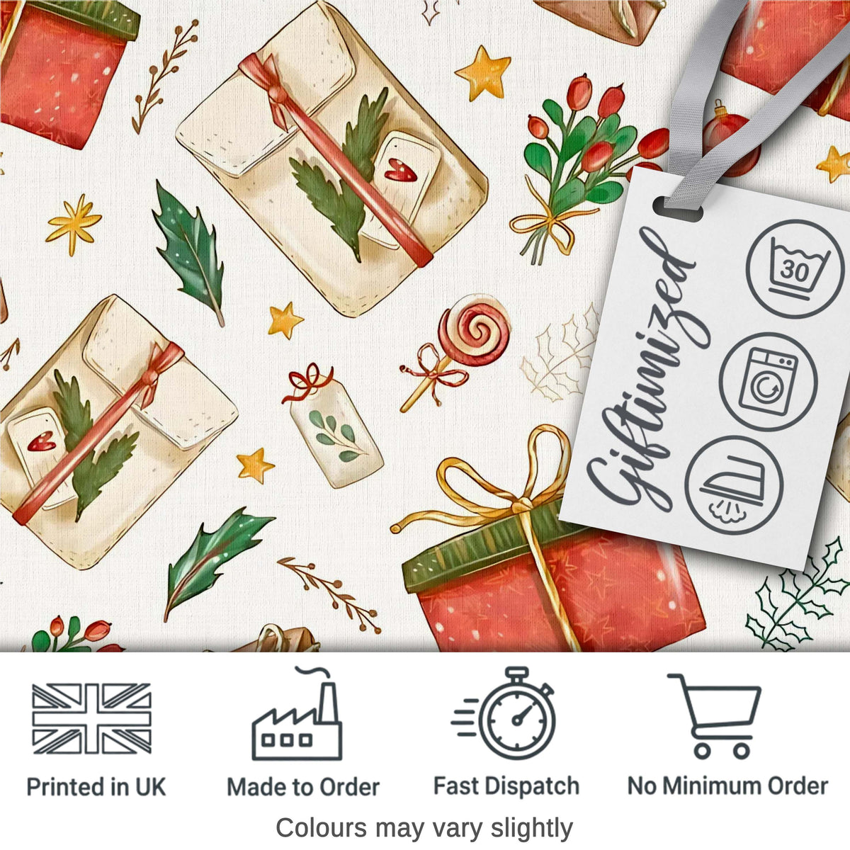 Festive Gift Boxes Candy Stars Christmas Holiday Seamless Pattern Digital Print Fabric by the Metre UK Sewing Quilting Textile