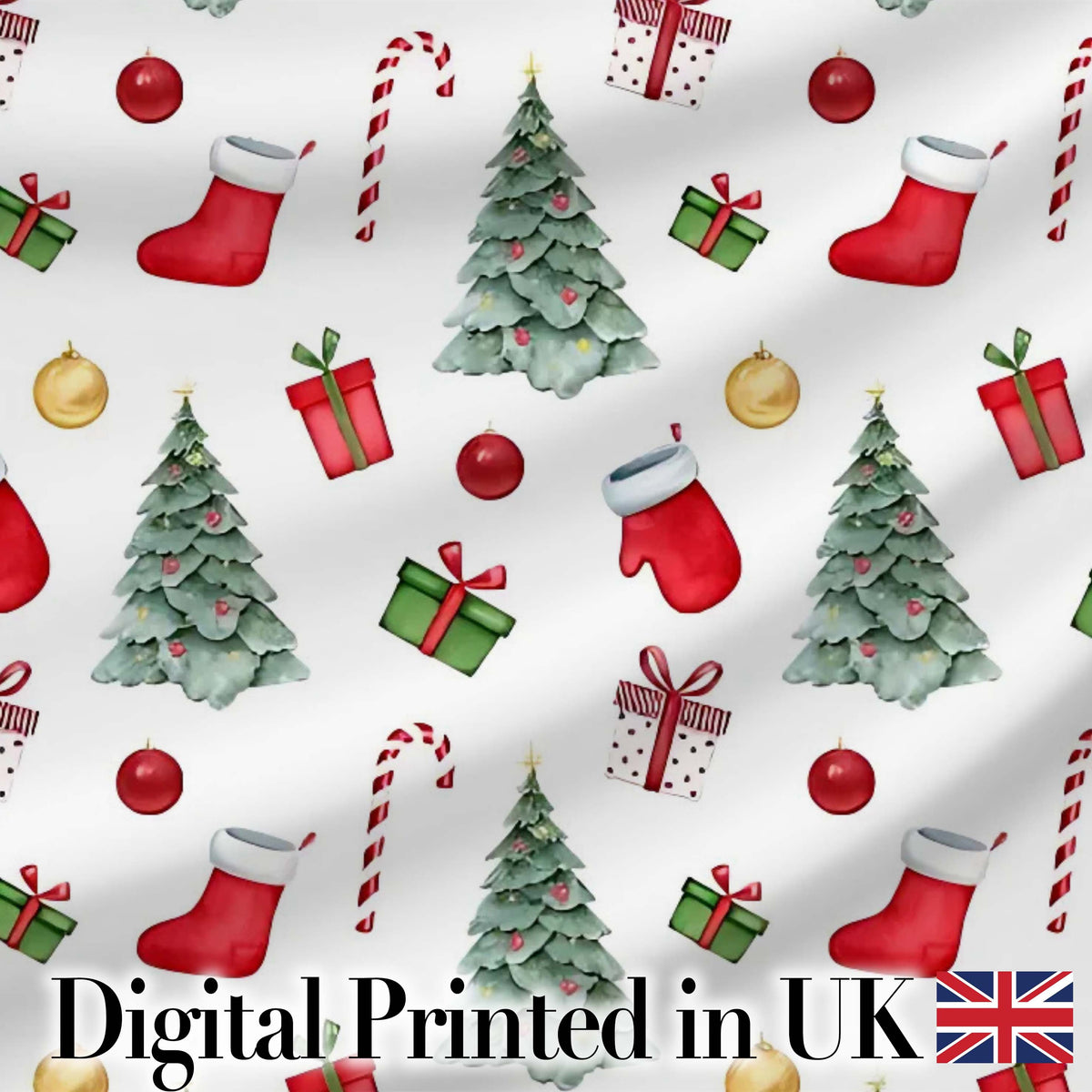 Christmas Tree Gifts Candy Cane Stockings Seamless Pattern Digital Print Fabric by the Metre UK Sewing Quilting Textile