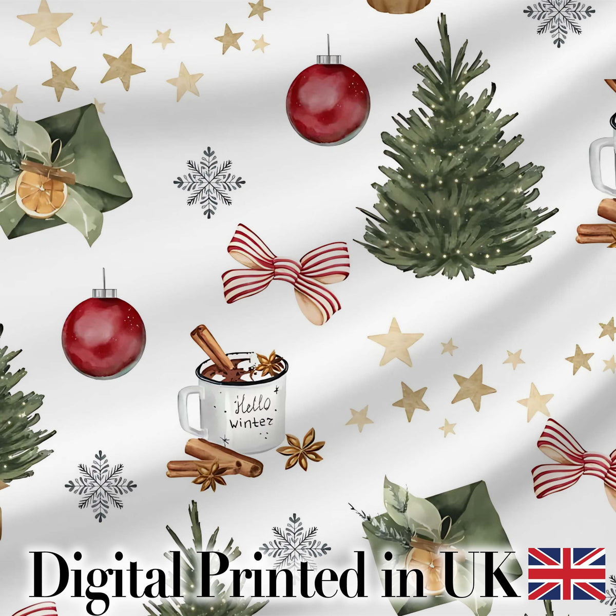 Festive Winter Tree Baubles Ribbon Cocoa Mug Seamless Pattern Digital Print Fabric by the Metre UK Sewing Quilting Textile