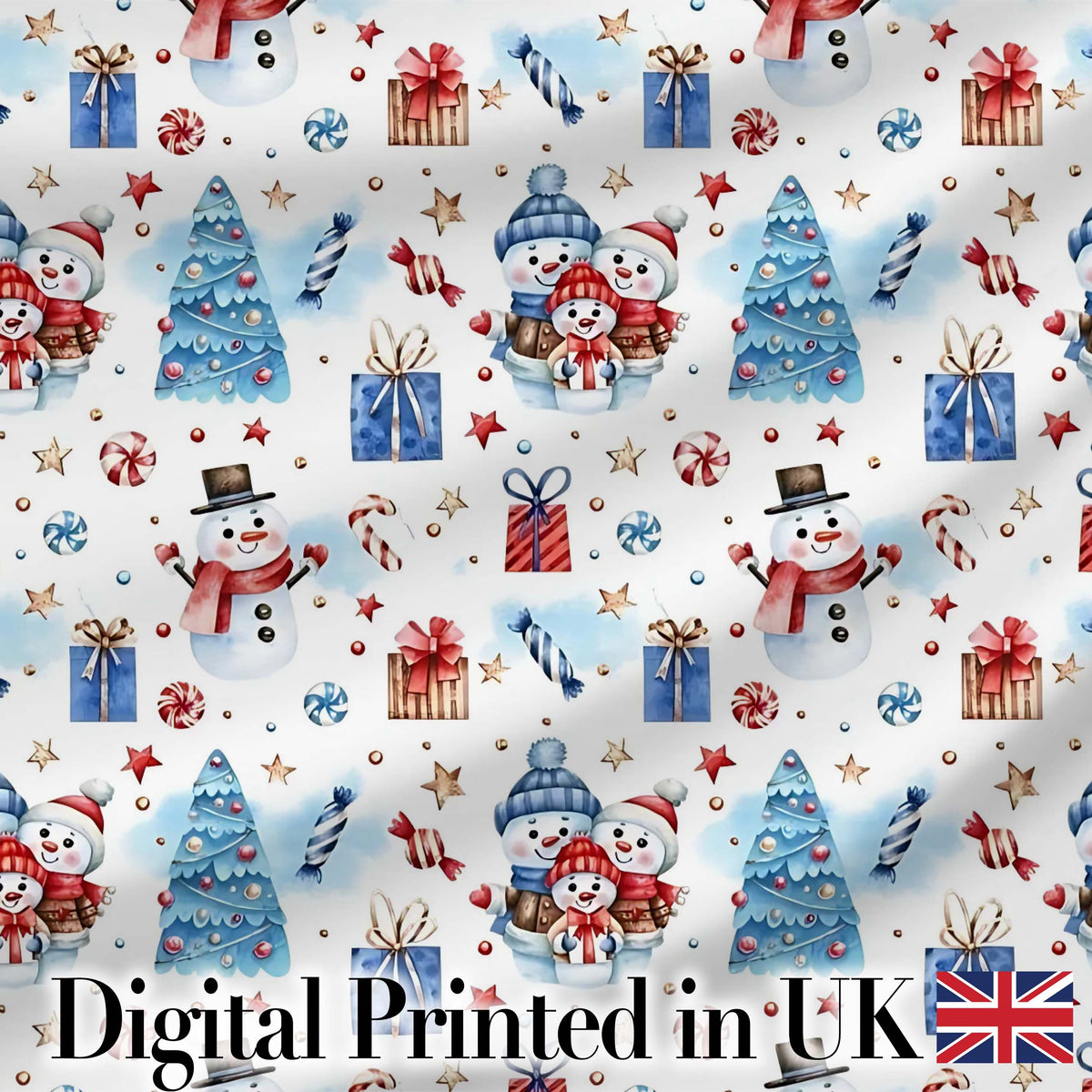 Cute Snowman Family Gifts Candy Christmas Seamless Pattern Digital Print Fabric by the Metre UK Sewing Quilting Textile