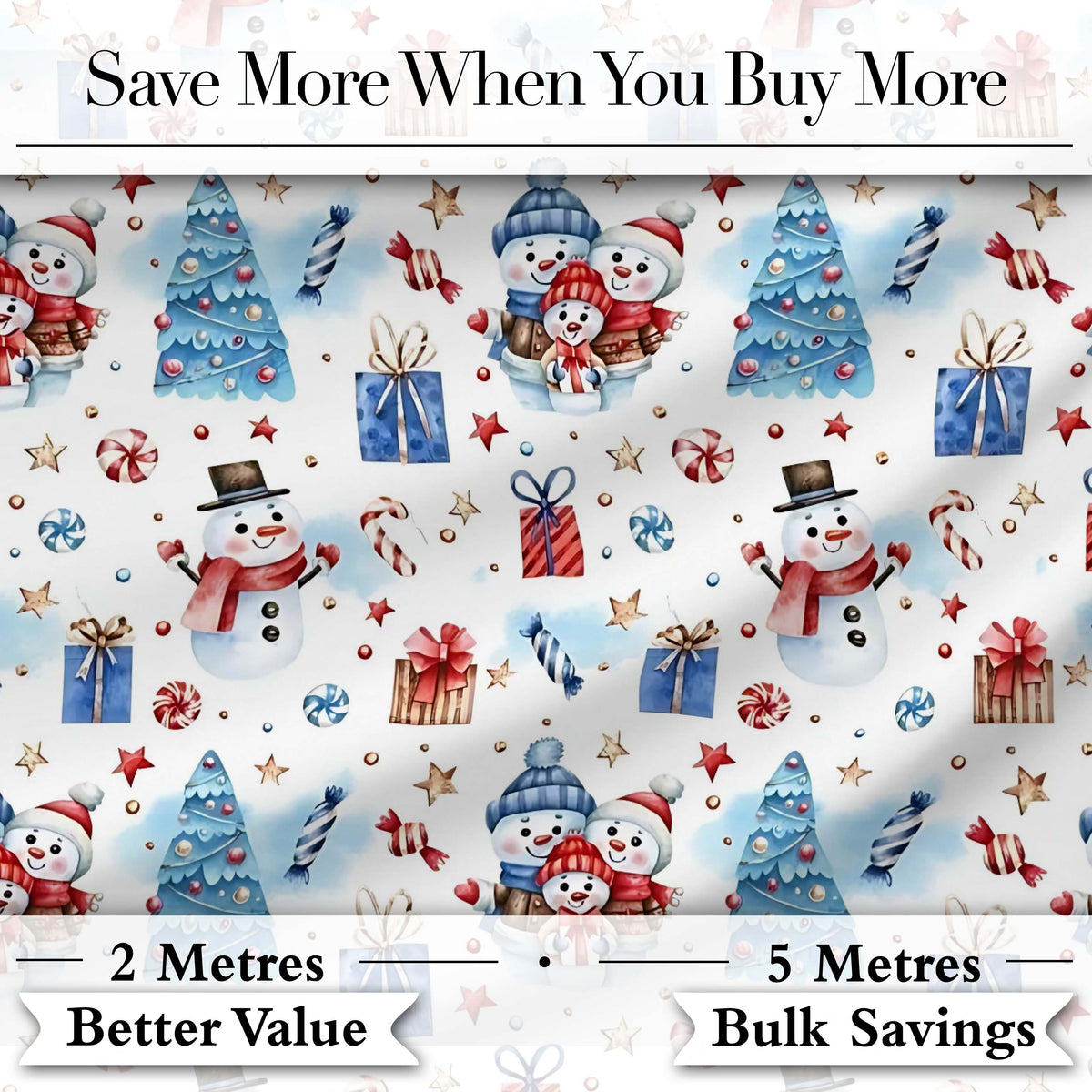 Cute Snowman Family Gifts Candy Christmas Seamless Pattern Digital Print Fabric by the Metre UK Sewing Quilting Textile
