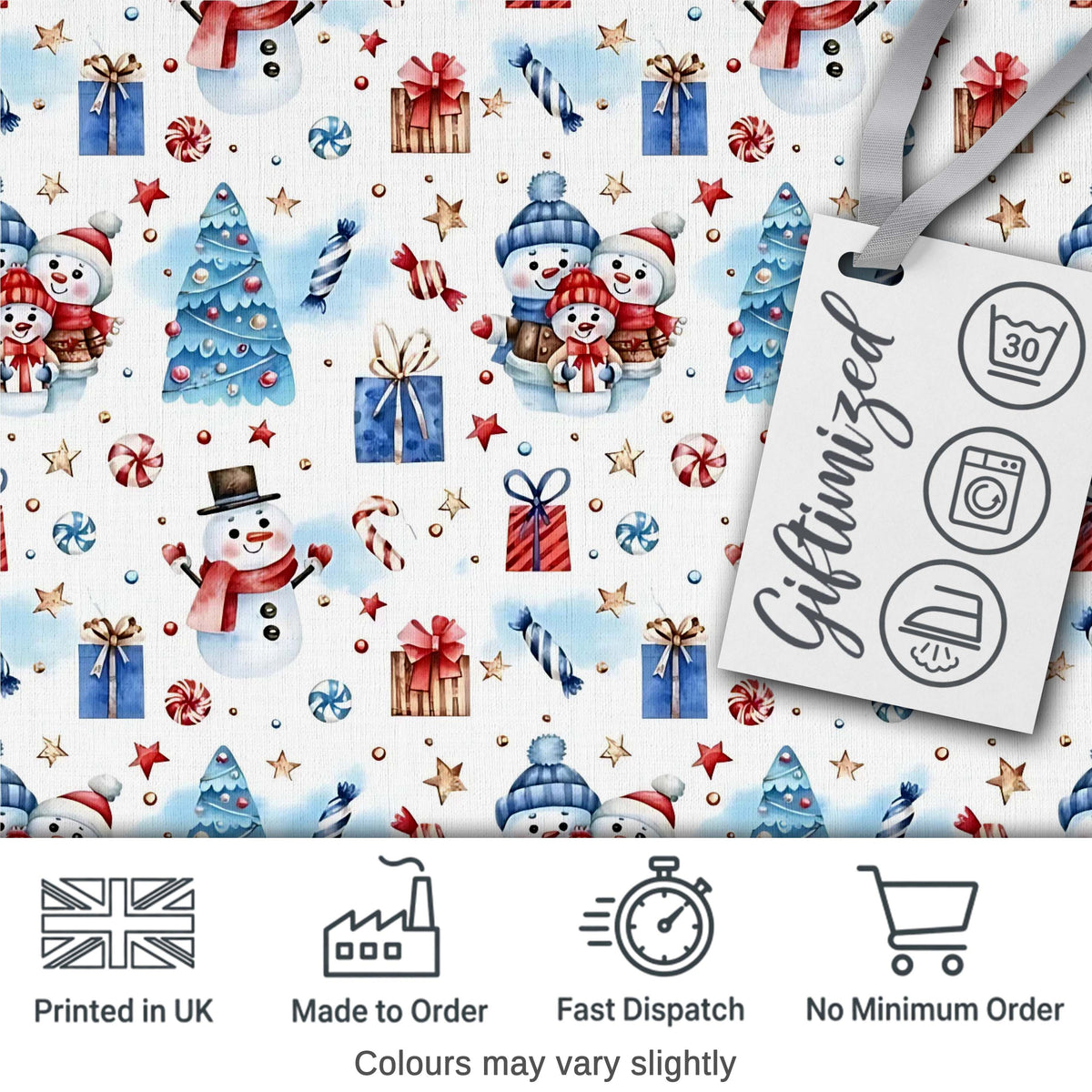 Cute Snowman Family Gifts Candy Christmas Seamless Pattern Digital Print Fabric by the Metre UK Sewing Quilting Textile