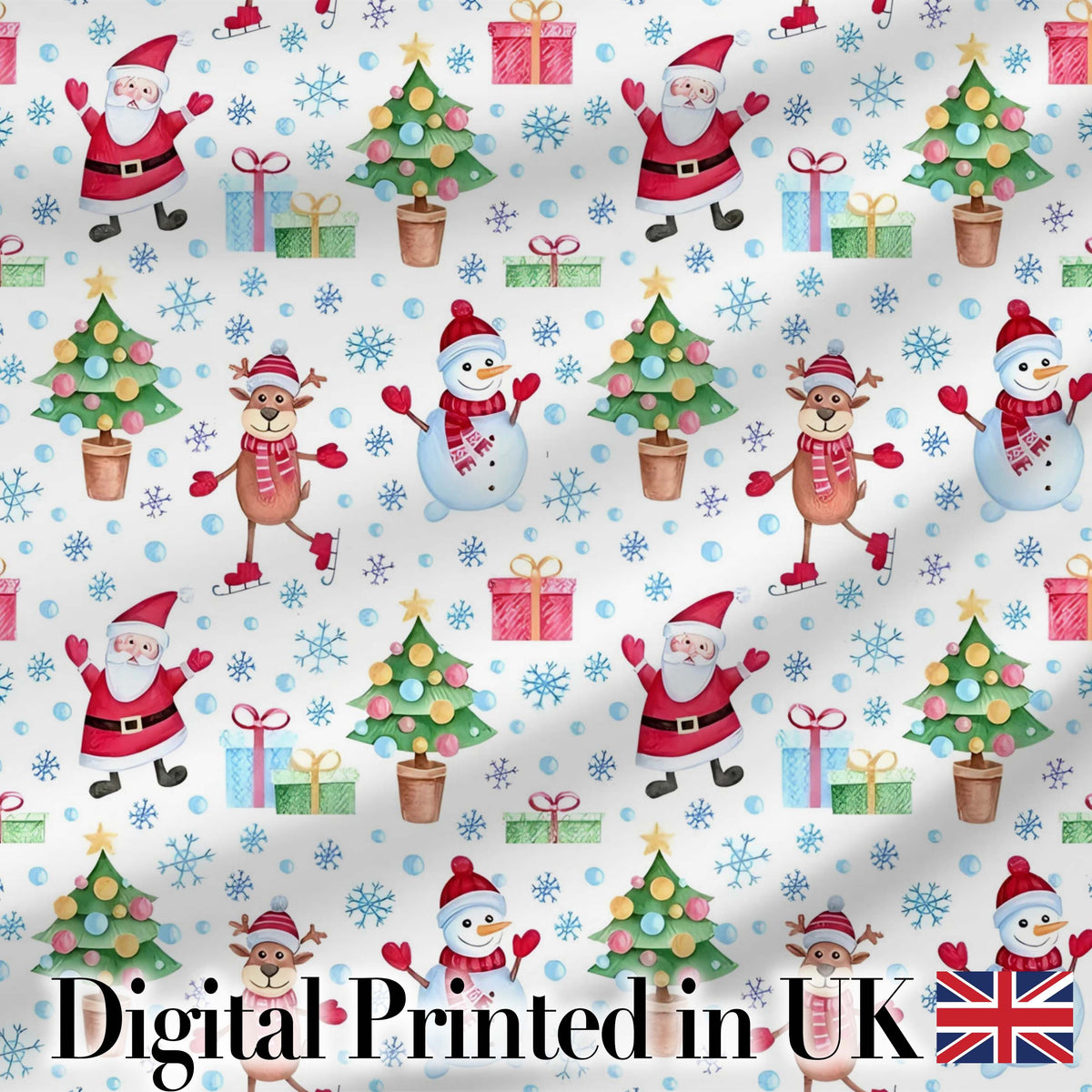 Santa Reindeer Snowman Christmas Tree Gifts Seamless Pattern Digital Print Fabric by the Metre UK Sewing Quilting Textile