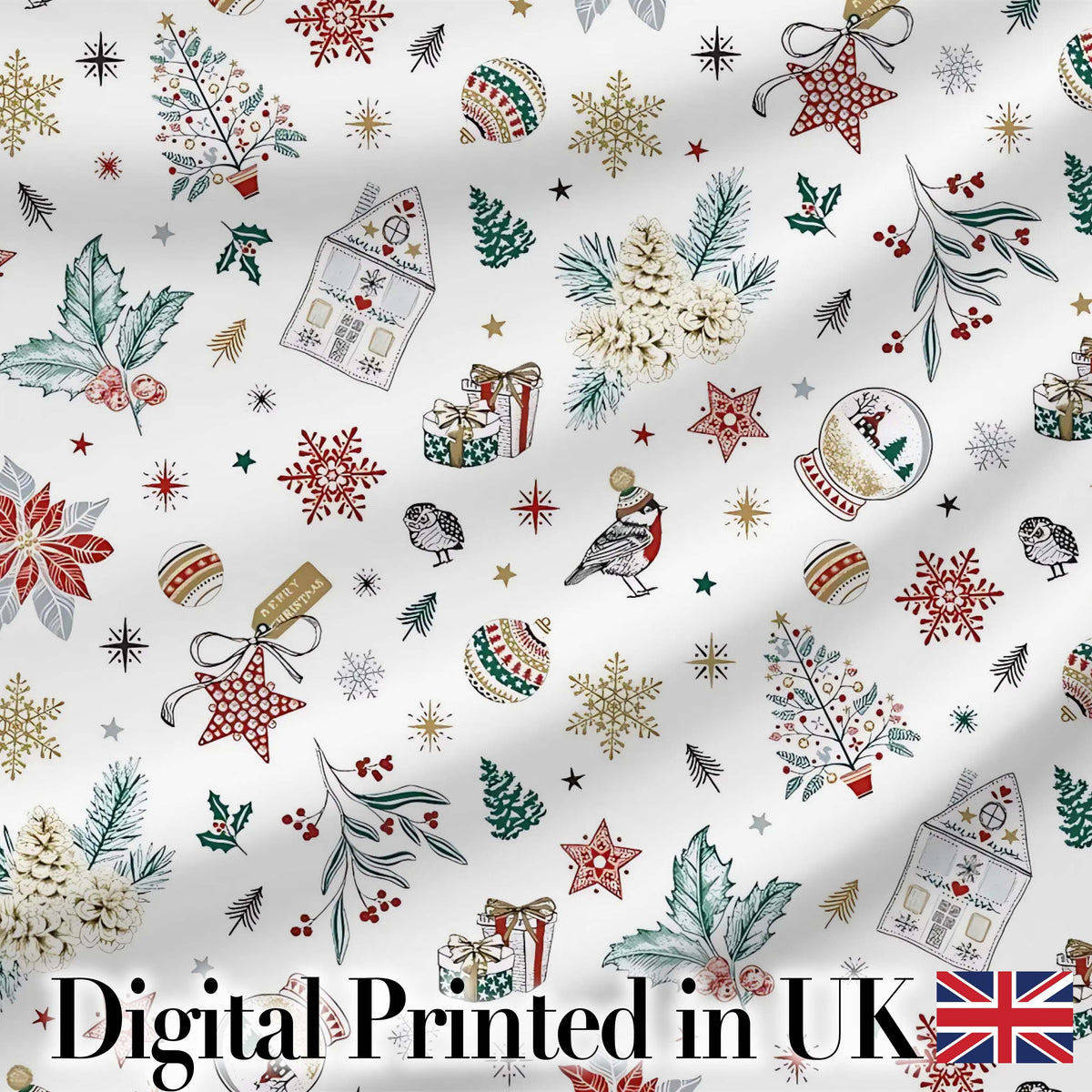 Vintage Christmas Ornaments Snowflakes Birds Seamless Pattern Digital Print Fabric by the Metre UK Sewing Quilting Textile